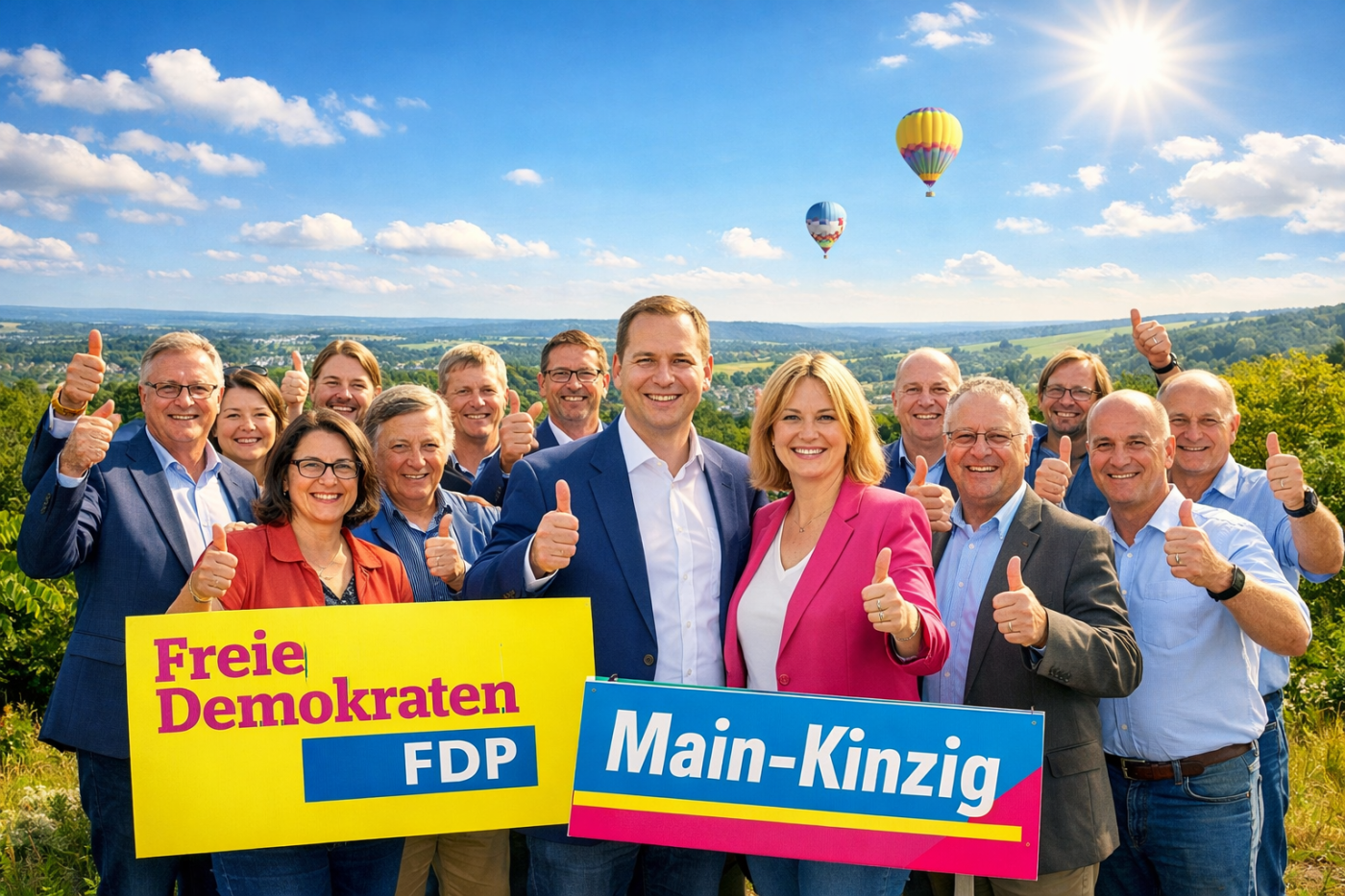 Gruppe von FDP-Mitgliedern aus dem Main-Kinzig-Kreis steht gemeinsam im Freien vor einer ländlichen Landschaft, lächelt und zeigt Daumen nach oben; im Vordergrund sind FDP-Schilder zu sehen, im Hintergrund fliegen Heißluftballons bei sonnigem Himmel. (KI-generiert)